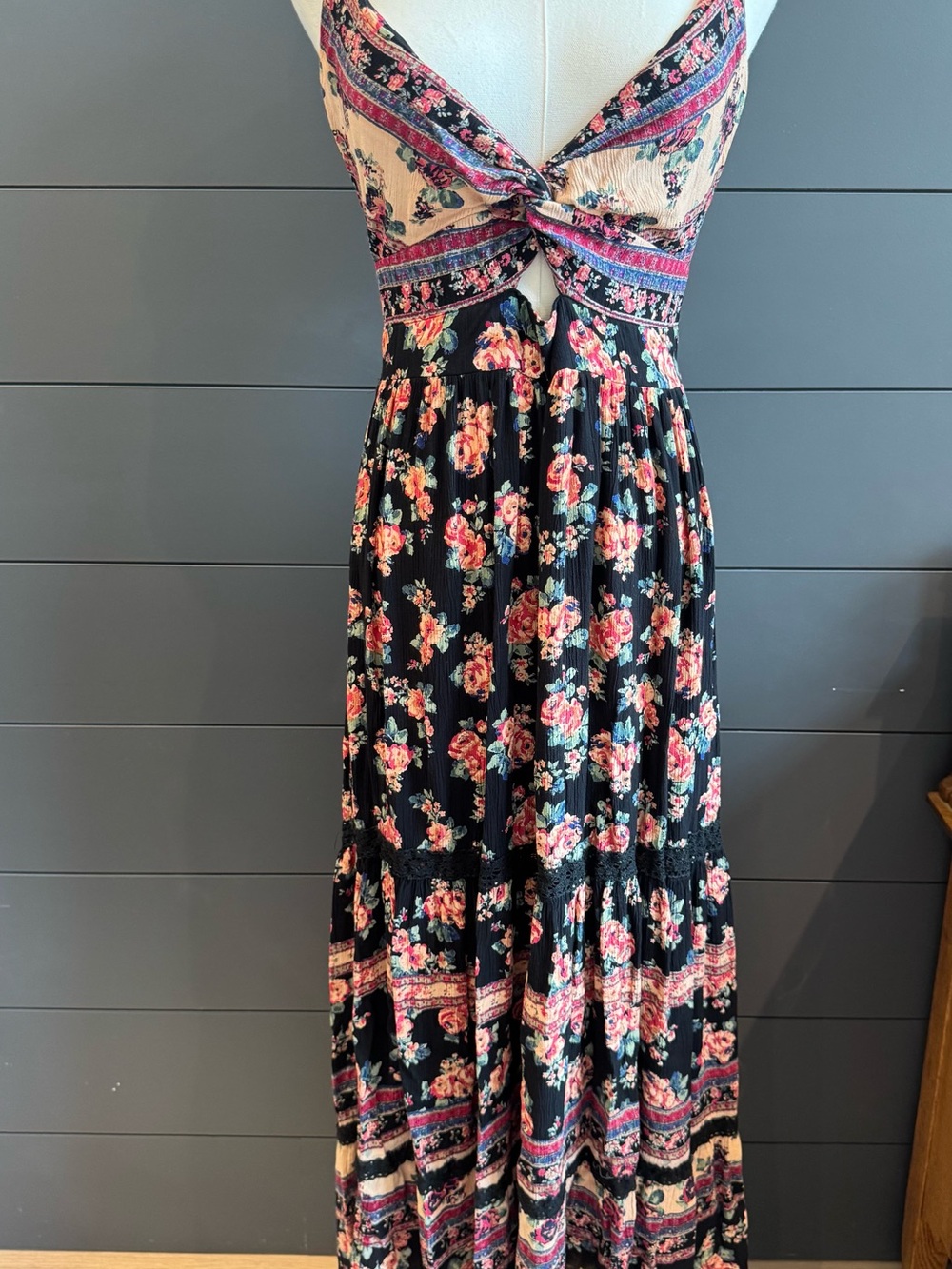 Angie Black Romantic Boho Prairie Western Dress with Pink Floral Print Summer - Picture 2 of 9